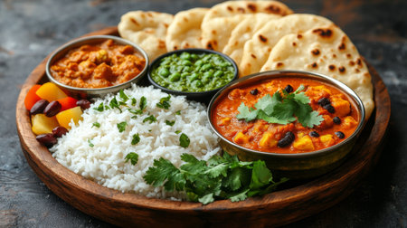 A traditional platter features a variety of Indian dishes including rice, naan, colorful curries, and fresh salad. The meal showcases vibrant flavors and rich textures, perfect for sharing.の素材
