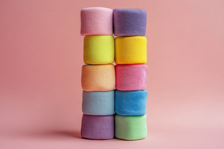 Soft sponges in vibrant colors are stacked in a gradient, creating a visually appealing display against a pastel pink backdrop. The arrangement highlights the different hues and textures.の素材