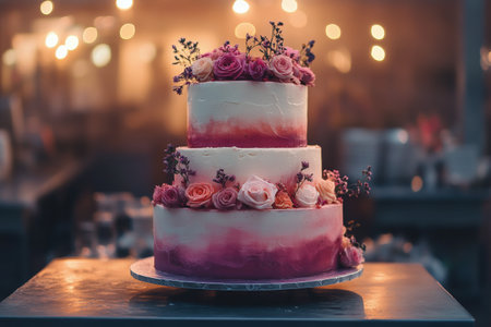 A beautifully layered cake topped with fresh berries stands in a charming bakery filled with sweet pastries. The warm atmosphere creates a welcoming vibe for customers.の素材