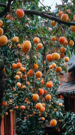 Golden apricots hang from vibrant green tree branches, creating a picturesque scene in a serene garden. The rich colors and natural beauty attract attention.の素材