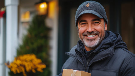 A man with a beard and dark hair stands at his doorstep, smiling as he holds a cardboard package. Colorful autumn leaves add warmth to the scene, creating a friendly atmosphere.の素材