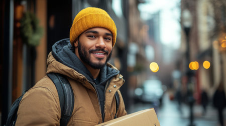 A man with a beard and dark hair stands at his doorstep, smiling as he holds a cardboard package. Colorful autumn leaves add warmth to the scene, creating a friendly atmosphere.の素材