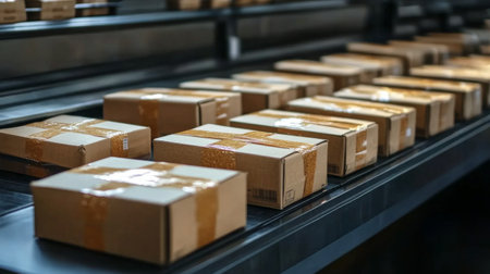 Many packages are arranged on a counter in a shipping store filled with shelves of stored items. The atmosphere is busy and organized under bright lights reflecting daytime.の素材