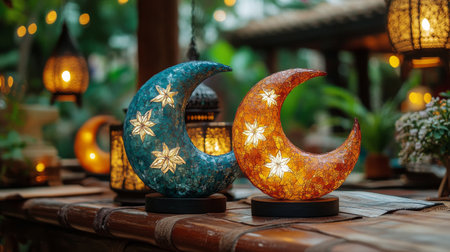A tranquil courtyard features intricate wall decor highlighted by soft lantern light. Moon-shaped designs adorn the walls, surrounded by lush greenery and flowering plants at dusk.の素材