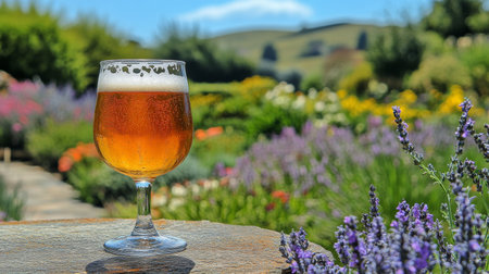 A glass of golden beer sits on a stone in a tranquil garden during sunset. Lush greenery surrounds the area, accompanied by ripe grapes, creating a peaceful ambiance.の素材