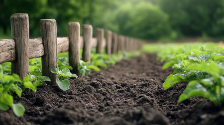 A row of vibrant green plants thrives in rich, dark soil, bordered by a rustic wooden fence. The scene is set in a tranquil garden surrounded by lush greenery, evoking a peaceful atmosphere.の素材
