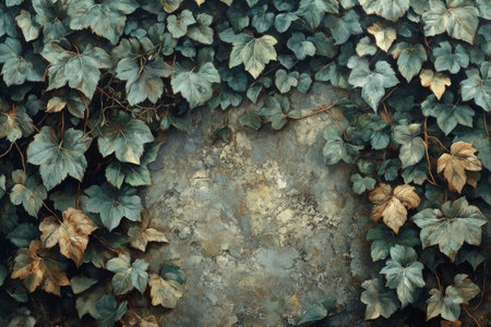 Ivy vines elegantly wrap around an ancient, cracked stone wall. The interplay of green leaves against the textured surface creates a serene and rustic atmosphere.の素材