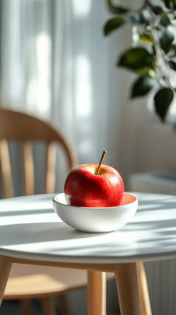 A young woman stands by a window, holding a red apple close to her shoulder. She gazes thoughtfully outside as the warm afternoon light casts a soft glow on her profile.の素材