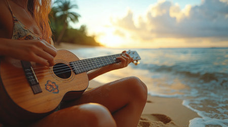 A person strums a wooden ukulele while enjoying a sunny day at the beach. The vibrant flowers on the shirt complement the serene ocean waves and clear sky.の素材