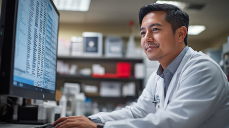 A laboratory technician in a white coat smiles while reviewing data on a computer screen in a well-organized research workspace during the day.の素材