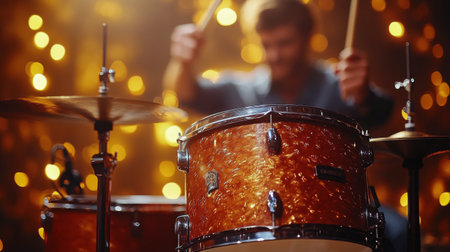 A drummer provides rhythmic beats in a lively music venue filled with warm lights and an energetic atmosphere. The setting features a close-up of the drum set as the musician plays.の素材