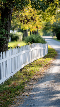 A charming white picket fence runs alongside a well-maintained gravel path surrounded by lush greenery. The sunlight creates soft shadows as the day progresses.の素材