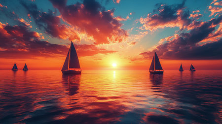 Sailboats glide across the smooth water during a vibrant sunset, with hues of orange and purple reflecting off the surface, creating a serene landscape at twilight.の素材