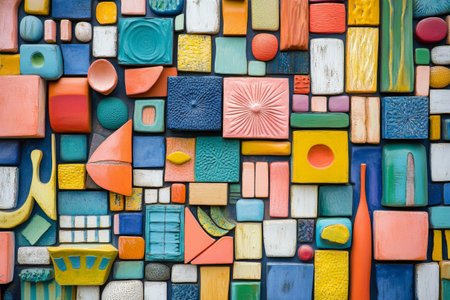 A vibrant array of various small plastic pieces is arranged artistically on a dark surface. The collection includes an assortment of shapes, colors, and textures, showing creativity and contrast.の素材