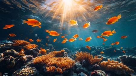 Bright orange fish swim gracefully among colorful corals as sunlight filters through clear blue water, creating a serene underwater atmosphere.の素材