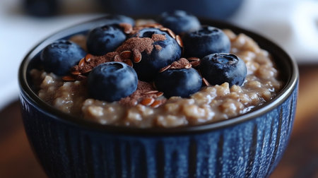 A white bowl filled with fresh blueberries sits on a wooden table, surrounded by loose berries and green leaves, set against a dark backdrop highlighting their rich color.の素材