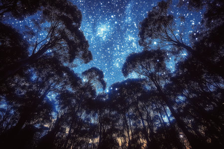 Stars twinkle bright in a clear night sky, casting a serene glow over tall trees. The silhouettes create a peaceful atmosphere in a secluded forest landscape.の素材