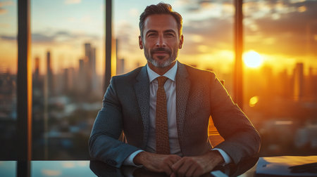 A business professional with a well-groomed beard is seated at a desk, smiling confidently as sunlight pours through large windows displaying a city skyline during sunset.の素材
