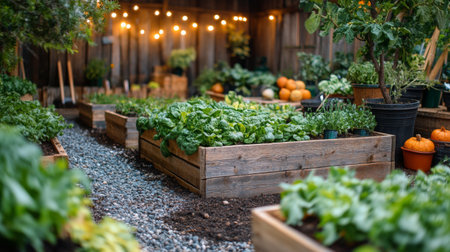 Garden beds are filled with vibrant greens and small orange fruits in a backyard. Two gardening tools rest in the soil, showing a thriving vegetable patch under natural sunlight.の素材