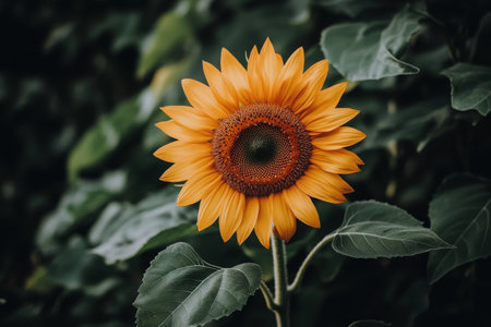 A vibrant sunflower stands tall with its bright yellow petals unfolding around a textured brown center. The rich green leaves accentuate the flowers beauty, creating a captivating contrast.の素材