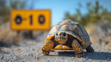 A tortoise crawls along a sandy path scattered with pebbles, set against a vibrant sunset illuminating the rocky terrain. The warm colors in the sky enhance the serene atmosphere.の素材