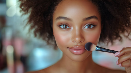 A woman sits calmly while a skilled artist applies eyeshadow with a brush, highlighting her natural beauty. Soft lighting enhances the peaceful atmosphere in the moment.の素材