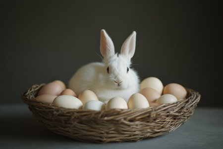 A fluffy white rabbit is nestled in a cozy woven nest filled with various eggs, creating a charming springtime ambiance. The soft lighting enhances the serene scene.の素材