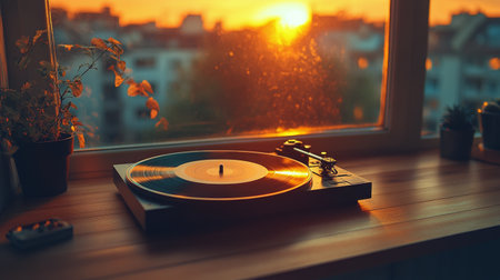 A turntable is spinning a vinyl record, with soft orange lights illuminating the scene. The atmosphere is lively, perfect for enjoying music and dancing with friends.の素材