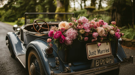 A beautiful vintage car adorned with vibrant flowers drives along a serene road, marking the joyful occasion of a recent wedding. The lush green surroundings enhance the romantic atmosphere.の素材