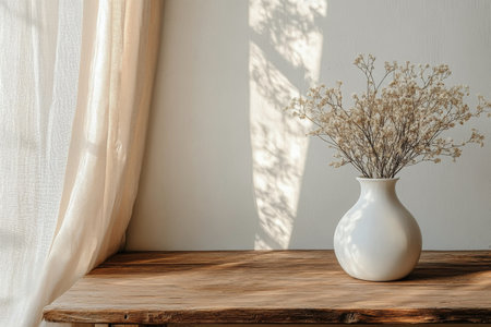 A white ceramic vase filled with delicate blooming branches stands on a smooth wooden table. The backdrop features a simple, neutral wall, creating a serene atmosphere.の素材