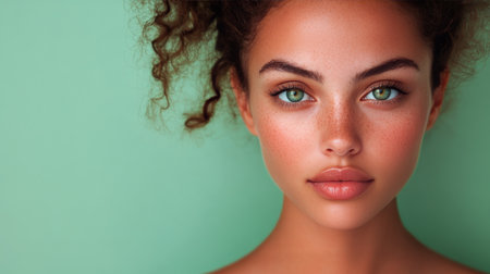 A young woman with curly hair and striking green eyes presents a captivating expression, showing her natural beauty set against a vibrant green background.の素材