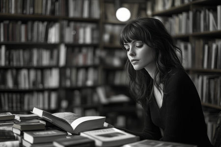 A young woman sits at a table in a library, immersed in a book. The shelves are lined with books, creating a serene atmosphere perfect for studying.の素材