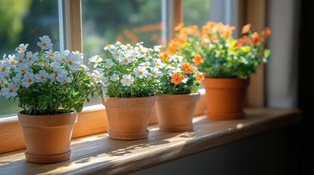 Bright pink and green plants are arranged neatly on a wooden windowsill. Sunlight filters through the window, creating a peaceful atmosphere in a beautifully natural environment.の素材