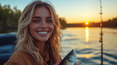 A woman is happily posing with a large bass fish caught during a fishing outing. The scene showcases tranquil waters and green surroundings under a cloudy sky.の素材
