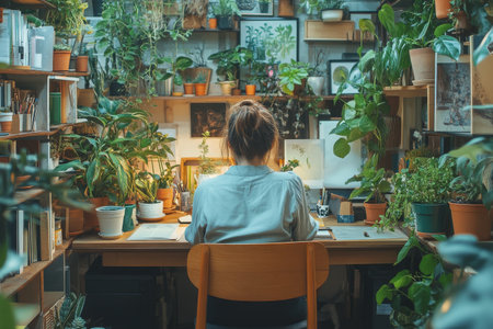 A young woman wearing a stylish hat stands confidently with her arms crossed in a vibrant plant shop. She is surrounded by various lush green plants and pots, showing a passion for gardening.の素材