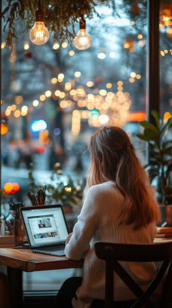 A woman sits at a wooden table in a caf, focused on her laptop. The ambiance features warm lights and city views, creating a cozy yet lively atmosphere during the evening.の素材