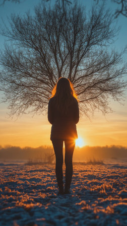 A person stands silhouetted against a vibrant sunset, surrounded by a calm field with a solitary tree in the background. The scene captures the tranquil beauty of dusk.の素材