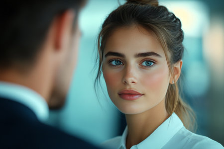A young woman with beautiful blue eyes is having an engaging conversation. She is dressed in a smart shirt and her hair is styled elegantly. The background suggests an upscale environment.の素材