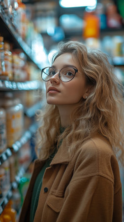 A young woman with curly hair and glasses looks up thoughtfully while browsing through a grocery aisle filled with various products. The store has bright lighting and colorful items.の素材