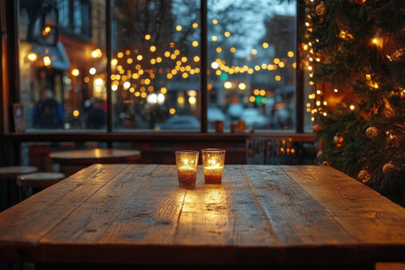 A cozy outdoor dining area features a wooden table with a small potted plant at the center. Warm string lights add a romantic ambiance during the evening.の素材