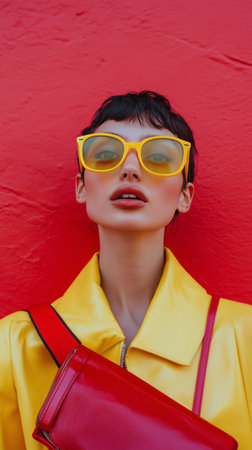 A model with short hair confidently poses in front of a bright red wall. She wears oversized yellow sunglasses and a striking yellow coat, highlighting her bold fashion choices.の素材