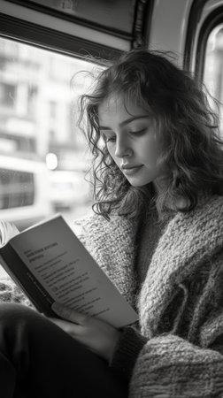 A young woman enjoys a book while seated on a bus, wrapped in a warm, fluffy blanket. The sunlight filters through the window, creating a serene atmosphere.の素材