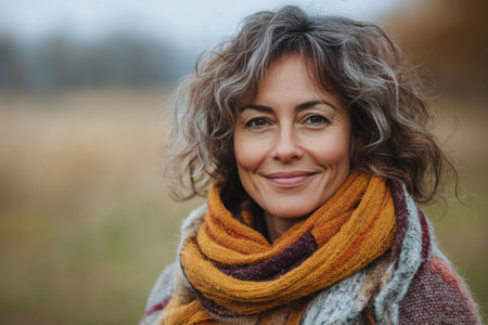 A woman with curly hair smiles broadly, showcasing her bright smile. She is wrapped in a vibrant, multicolored scarf, highlighting the chilly atmosphere of a winter day.の素材