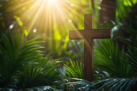 A wooden cross stands tall amid vibrant green foliage, illuminated by sunlight filtering through the trees. The serene atmosphere evokes a sense of peace and reflection.の素材
