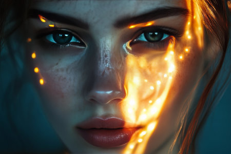 A young woman with vibrant blue eyes gazes directly at the viewer, her face illuminated by sunlight filtering through leaves. Freckles adorn her cheeks, adding to her natural beauty.の素材