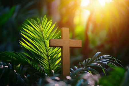A wooden cross stands tall amid vibrant green foliage, illuminated by sunlight filtering through the trees. The serene atmosphere evokes a sense of peace and reflection.の素材
