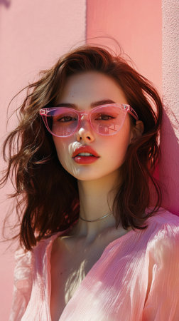 A young woman with wavy hair poses confidently while wearing stylish pink sunglasses. She stands in a softly lit indoor space, showing a relaxed and fashionable look.の素材