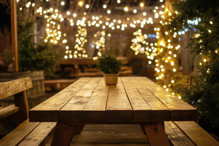 A cozy outdoor dining area features a wooden table with a small potted plant at the center. Warm string lights add a romantic ambiance during the evening.の素材