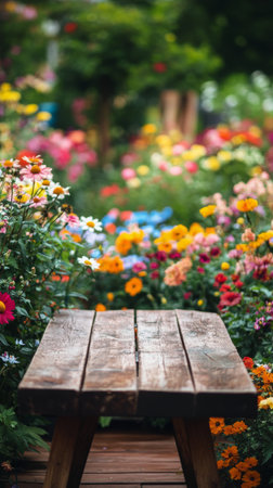 A colorful garden filled with blossoming flowers surrounds a rustic wooden table. The vibrant blooms create a cheerful atmosphere, perfect for outdoor relaxation or gatherings.の素材