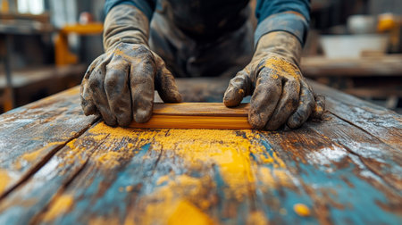 A skilled worker sands a piece of wood in a busy workshop filled with tools and materials. The hands are covered in dust, showcasing dedication to the craft.の素材